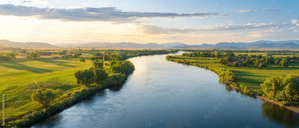 A river runs through two lush, green fields under a blue sky dotted with white clouds A river runs through two lush, green fields under a blue sky dotted with white clouds