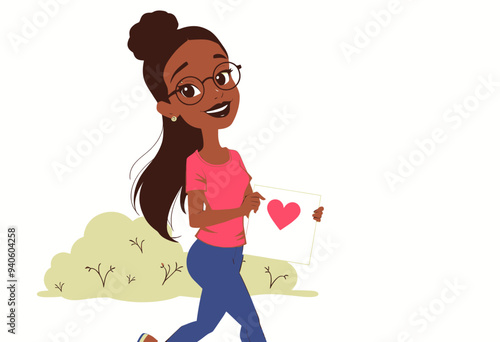 Smiling Woman with Heart-Shaped Sign, Walking with Confidence