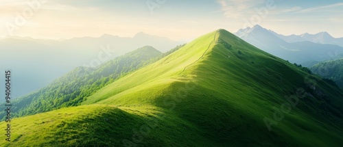  A towering green mountain, its side adorned with a dramatically steep incline, under the bright midday sun