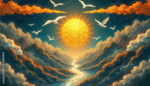 Spectacular Sunrise Over Mountains with Birds and Clouds