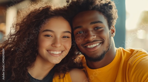 Happy couple in yellow and black look at each other fondly indoors.