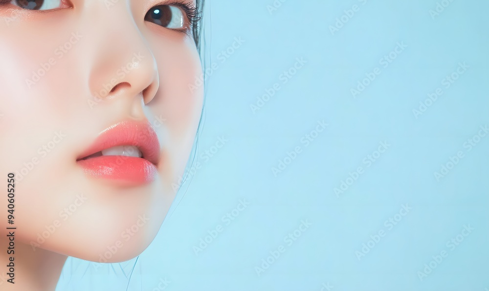 Fototapeta premium Korean beauty model with clear skin, close-up of face, Generative AI