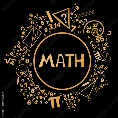 Math. Presentation, website. Isolated lettering typography idea with icons. Algebra, geometry, statistics, basic maths. Interesting creative funny math for kids. Online test. Personalised learning.
