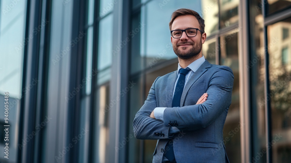 Confident businessman stands in front of modern office building wearing a suit and glasses, showcasing professionalism and success. Confident businessman stands in front of modern office building wearing a suit and glasses, showcasing professionalism and success.