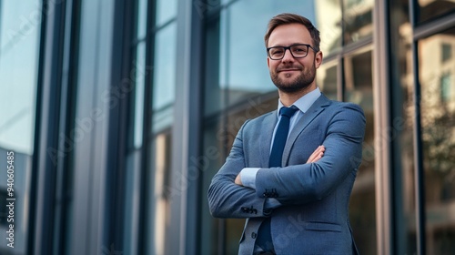 Confident businessman stands in front of modern office building wearing a suit and glasses, showcasing professionalism and success.