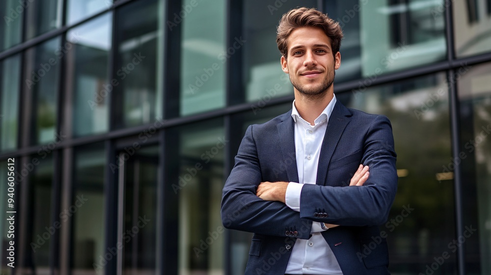 Confident young man in a suit standing in front of a modern building, exuding professionalism and self-assurance. Confident young man in a suit standing in front of a modern building, exuding professionalism and self-assurance.