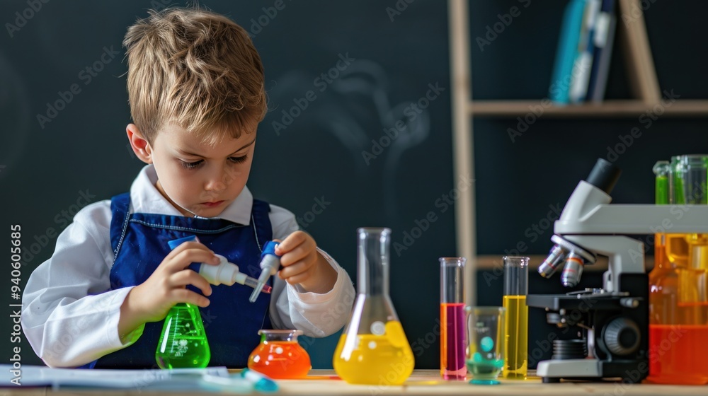 Little boy scientist doing a chemistry experiment. Little boy scientist doing a chemistry experiment.