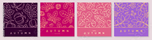 Set of retro line art autumn covers or cards with autumn floral desoration. Vector illustration