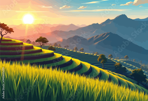 Sunset over a terraced mountain landscape