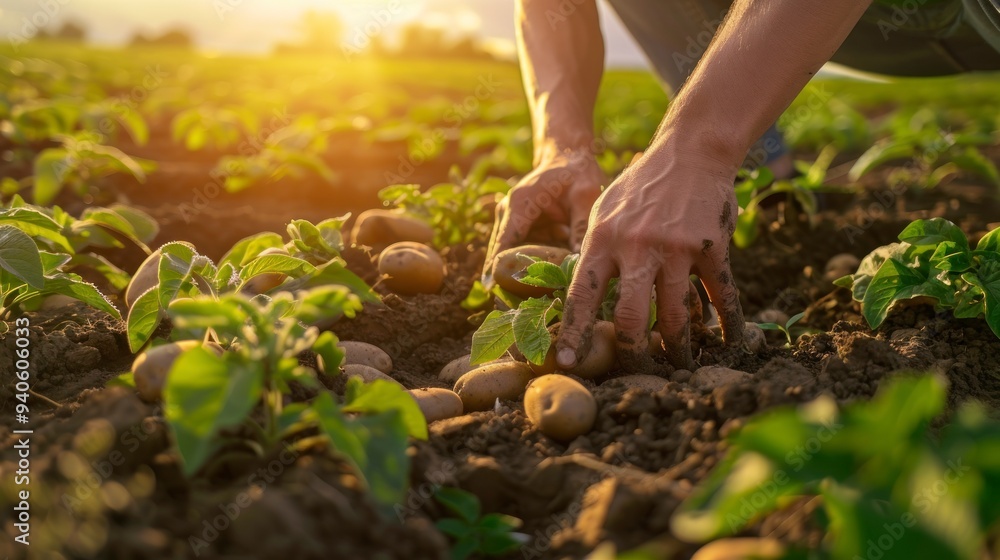 Fototapeta premium Sunset light on hands working in potato field.