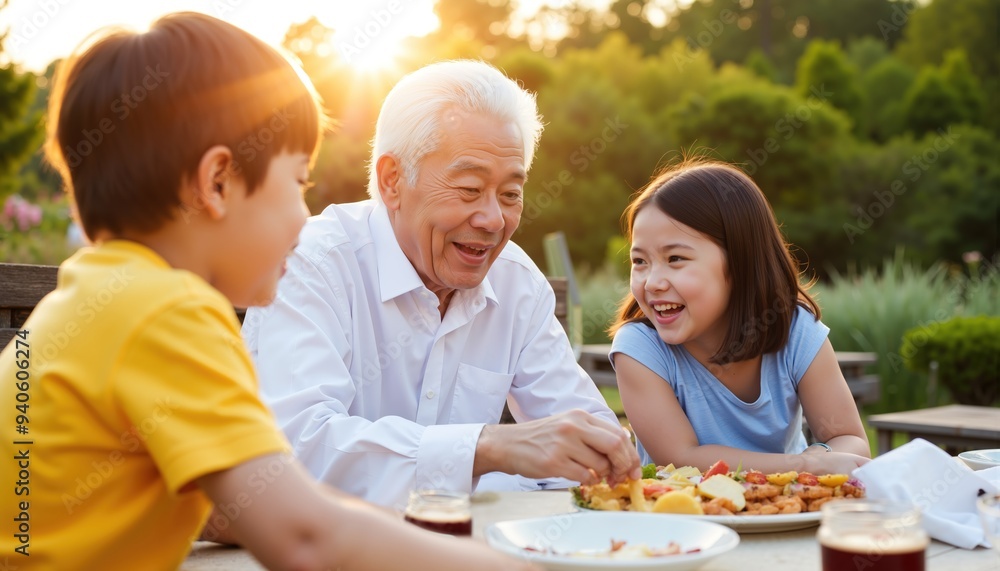 Cheerful Japanese Grandfather Sharing a Meal with His Loving Grandchildren Cheerful Japanese Grandfather Sharing a Meal with His Loving Grandchildren