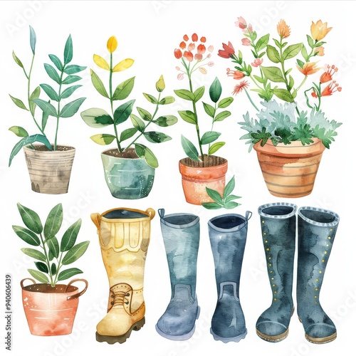 Watercolor botanical spring garden flowers and plants with rubber boots, flowerpots, garden equipment illustration on white background