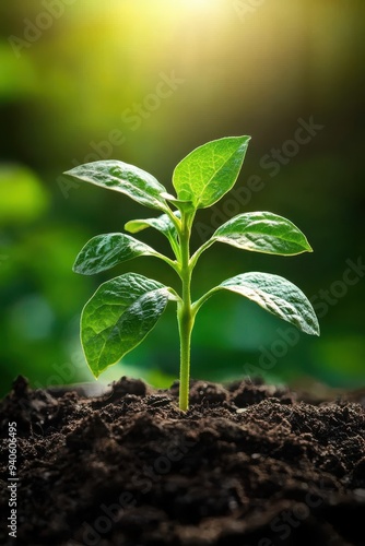 Young plant seedling in rich soil with a blurred background