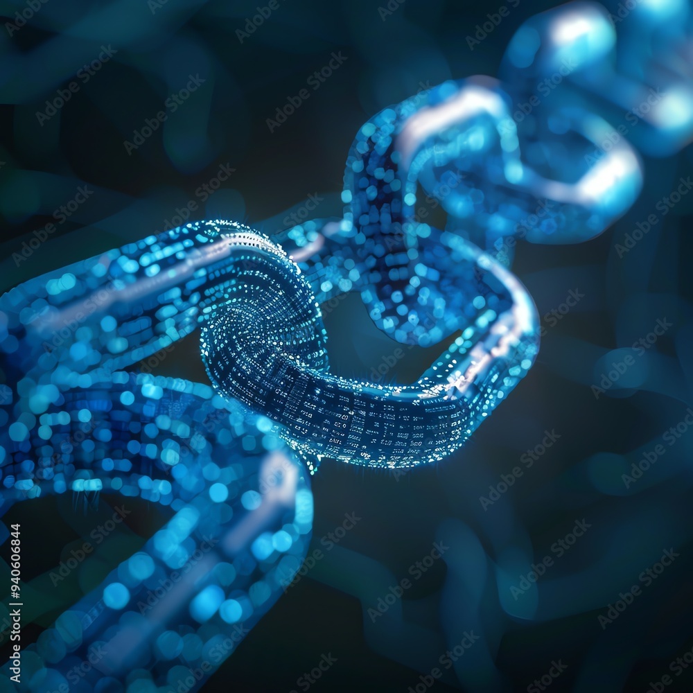 Close-up of a digital blockchain chain links represented with blue futuristic technology. Concept of online security and cryptocurrency. Close-up of a digital blockchain chain links represented with blue futuristic technology. Concept of online security and cryptocurrency.