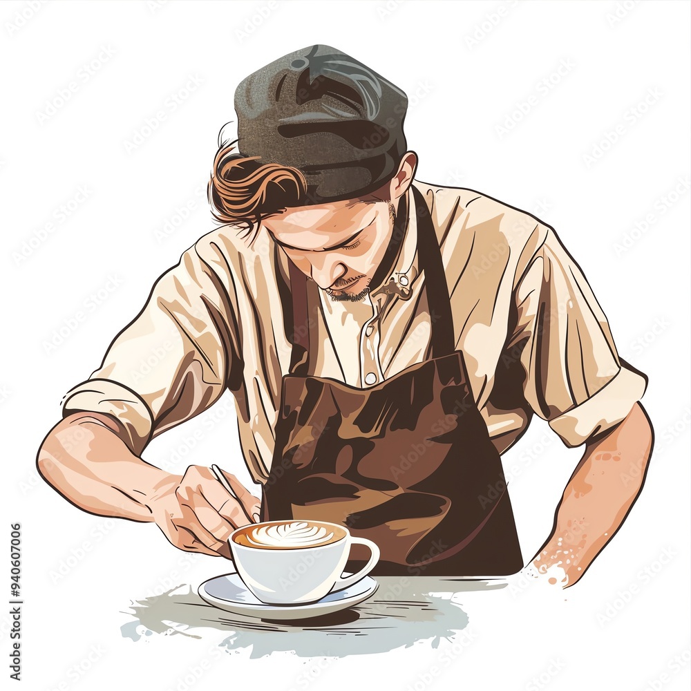 Barista crafting latte art with precision and care, wearing apron and hat in coffee shop illustration. Barista crafting latte art with precision and care, wearing apron and hat in coffee shop illustration.