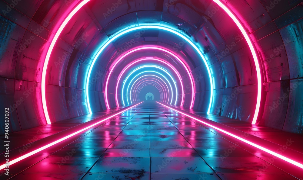Glowing neon ring light in tunnel. 3d render. Futuristic abstract wallpaper. Glowing neon ring light in tunnel. 3d render. Futuristic abstract wallpaper.