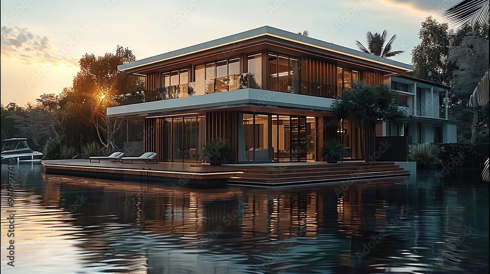 A luxurious villa by the river with a private dock. Generative AI. A luxurious villa by the river with a private dock. Generative AI.