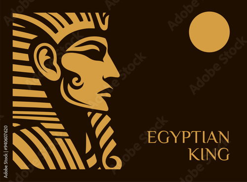 Abstract Geometrical pharaonic king tut portraiit symbol for old egyptian history Greetings stamp design isolated Gold color on dark brown