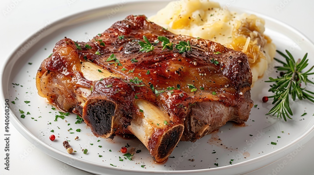 A German pork knuckle, showcasing its crispy, golden-brown skin and tender meat, served with sauerkraut and mashed potatoes on a white background. Generative AI. A German pork knuckle, showcasing its crispy, golden-brown skin and tender meat, served with sauerkraut and mashed potatoes on a white background. Generative AI.