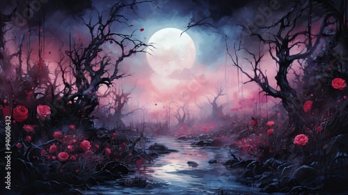 A mystical landscape featuring a full moon, dark trees, and vibrant flowers, creating an enchanting and surreal atmosphere.