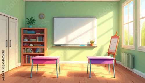 Vibrant Classroom with Pink Desks and Shelves