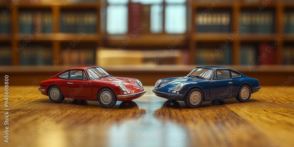 Obraz premium Legal Negotiation Concept: Miniature Car Models on Lawyer's Desk. Vehicle Accident Case Study, Insurance Coverage, and Civil Court Trial Representation. Divorce Property Division and Child Custody Dis