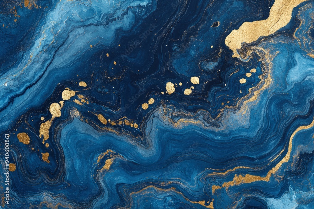 Fototapeta premium Processed collage of luxurious ocean blue and gold ink marble texture. Background for banner, backdrop or texture for 3D mapping , ai