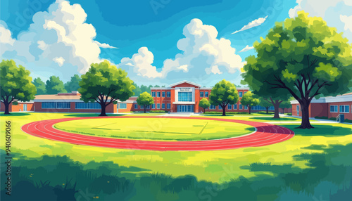 Vibrant School Campus with Red Track and Green Trees