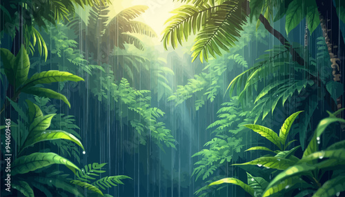 Vibrant Tropical Rainforest Scene with Sunlight Filtering Through the Canopy