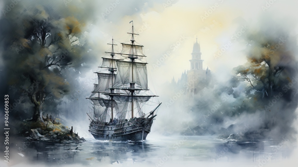 A majestic sailing ship emerges from the misty waters, surrounded by trees and an enigmatic castle in the background. A majestic sailing ship emerges from the misty waters, surrounded by trees and an enigmatic castle in the background.