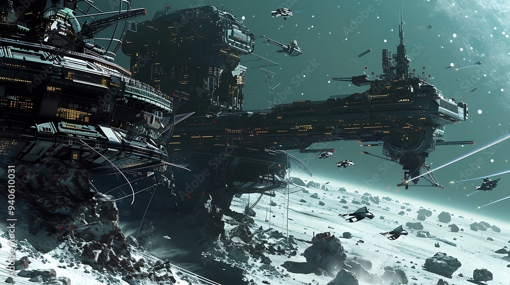 Detailed AI-generated artwork portraying an otherworldly space landscape filled with futuristic technology and celestial wonders, presented in high-definition realism. Detailed AI-generated artwork portraying an otherworldly space landscape filled with futuristic technology and celestial wonders, presented in high-definition realism.