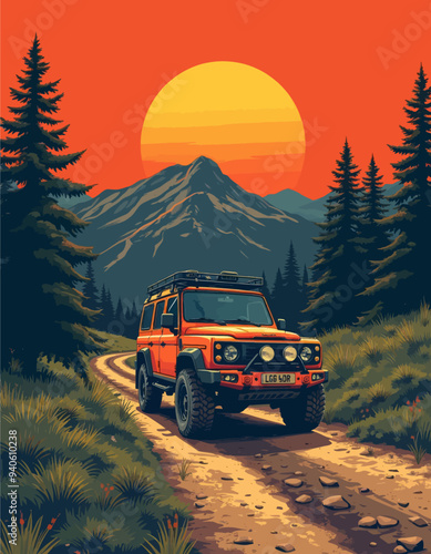 Vintage SUV on a winding mountain road at sunset