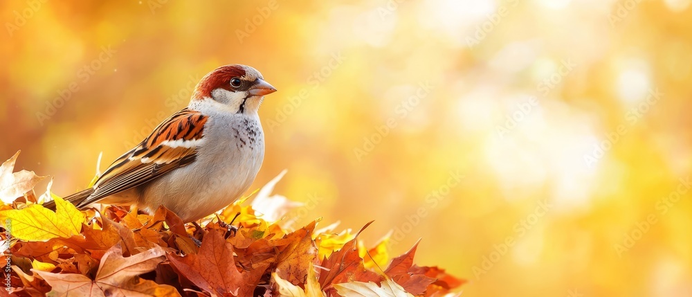 A small bird perches atop a mound of orange and yellow leaves A small bird perches atop a mound of orange and yellow leaves