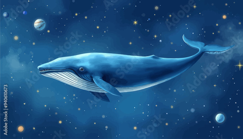 Whimsical Blue Whale Soaring Through Starry Night Sky