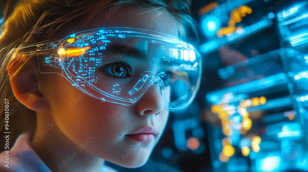 A young girl wars VR glasses, engaged in an online educational experience. The concept of the future of learning, technology in education, and immersive virtual reality for kids. Generative AI. A young girl wars VR glasses, engaged in an online educational experience. The concept of the future of learning, technology in education, and immersive virtual reality for kids. Generative AI.