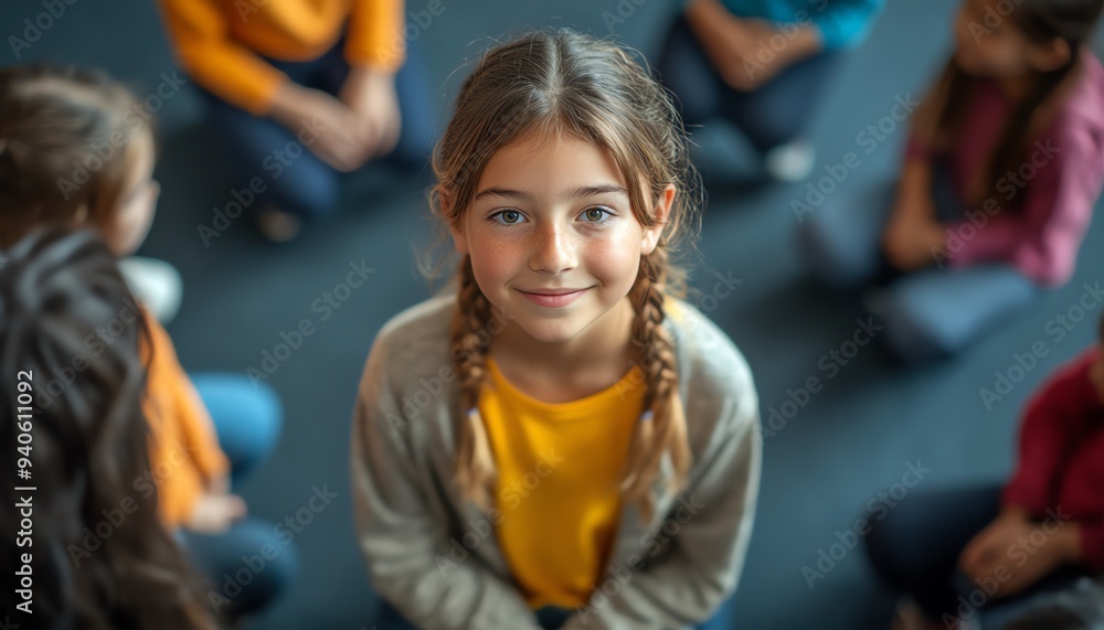 Children in a circle during a support group meeting at school, seen from above, with a young female therapist listening carefully Children in a circle during a support group meeting at school, seen from above, with a young female therapist listening carefully