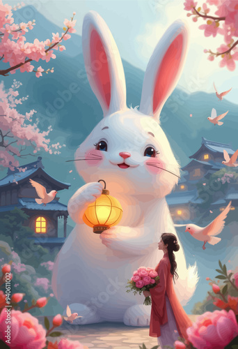 Whimsical Fantasy: A Giant Bunny and a Girl with a Lantern