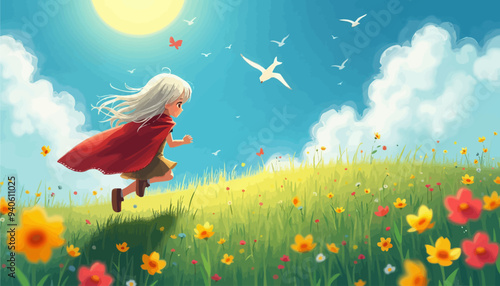 Whimsical Fantasy: A Little Girl Running Through a Field of Flowers with Butterflies and Birds