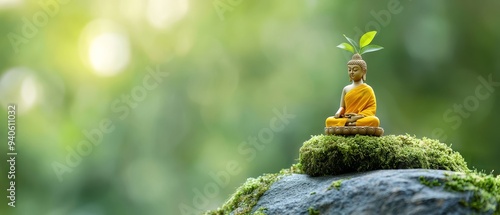  A Buddha statute with moss-grown head harboring a plant, atop a moss-covered rock
