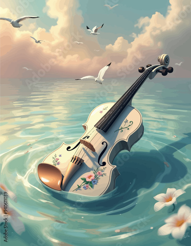 Whimsical Fantasy: A Stradivarius Violin Floating on a Lake with Birds and Flowers