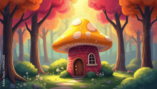 Whimsical Mushroom House in a Forest