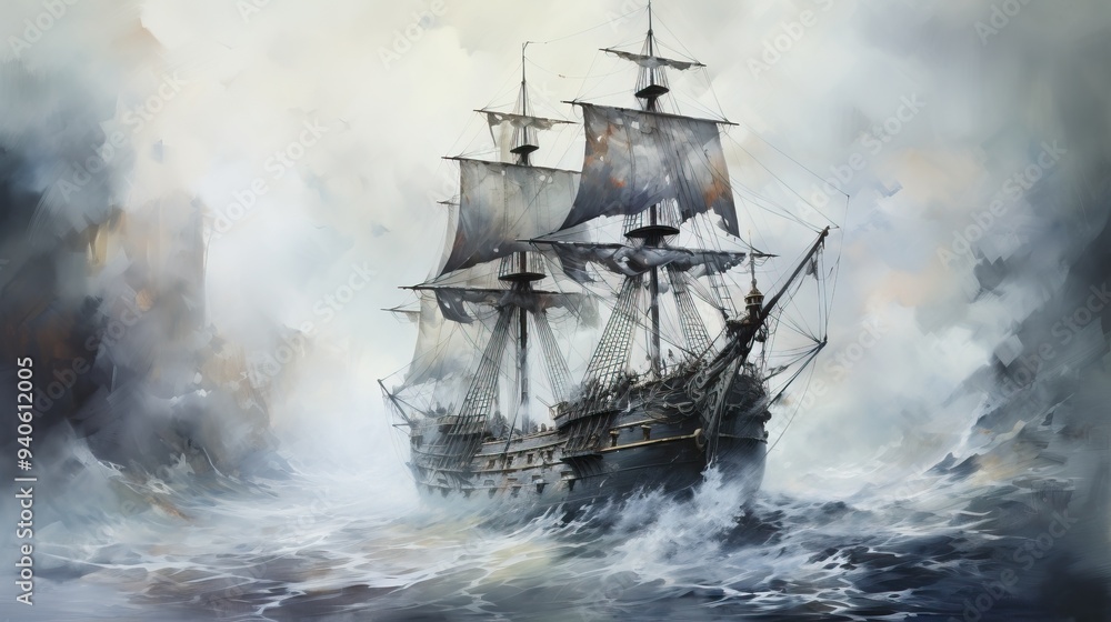 Obraz premium A majestic ship sailing through turbulent waters, captured in an artistic and dramatic stormy setting.