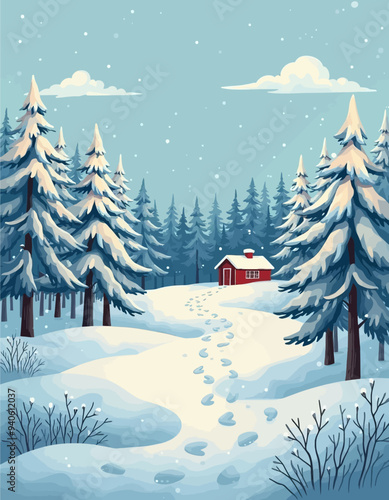 Winter Wonderland: A Snowy Path Leads to a Red Cabin in a Forest