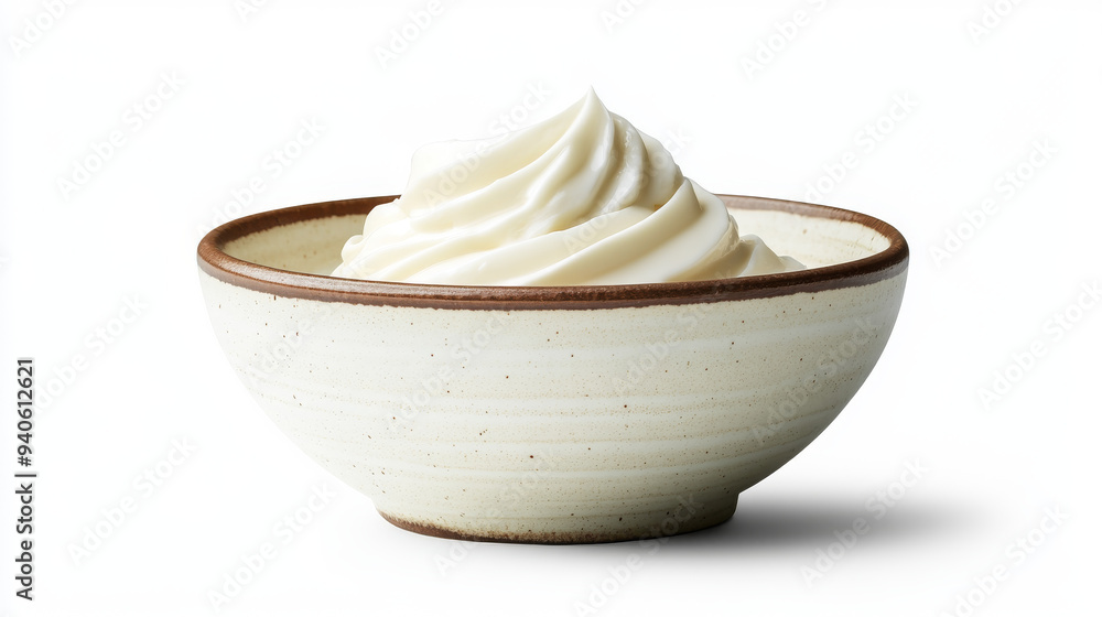 A small white ceramic bowl contains mayonnaise, cheese sauce, yogurt, or cream. This top-view, realistic vector set features a round porcelain dish with a homemade dip, isolated on a transparent backg A small white ceramic bowl contains mayonnaise, cheese sauce, yogurt, or cream. This top-view, realistic vector set features a round porcelain dish with a homemade dip, isolated on a transparent backg