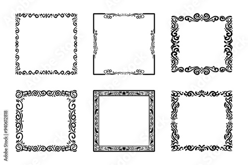 collection frames, hand drawn ink elements on white background