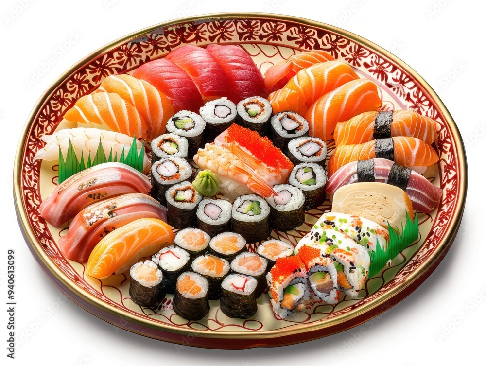 Assortment of Japanese Sushi Rolls and Sashimi on Plate. Assortment of Japanese Sushi Rolls and Sashimi on Plate.