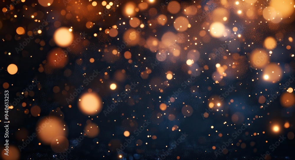 Abstract blurry golden glitter bokeh lights on dark background, perfect for festive and celebratory themes. Abstract blurry golden glitter bokeh lights on dark background, perfect for festive and celebratory themes.