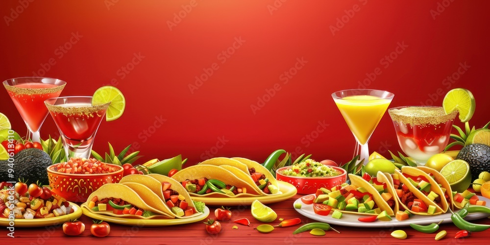 Obraz premium Delicious Mexican Tacos with Cocktails and Red Background.