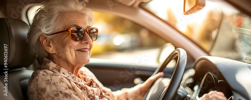 A senior woman wearing sunglasses drives confidently in her car on a sunny day. The warm sunlight casts a golden hue, highlighting her cool and independent spirit as she enjoys the drive alone. photo