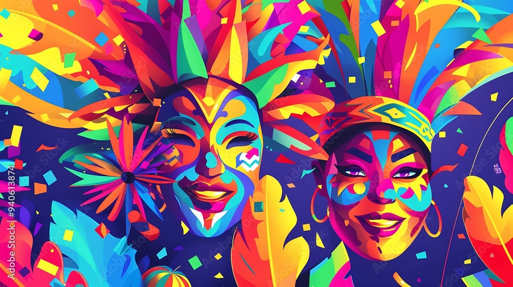 Carnival Celebration: Two Masked Figures in Vivid Colors Carnival Celebration: Two Masked Figures in Vivid Colors